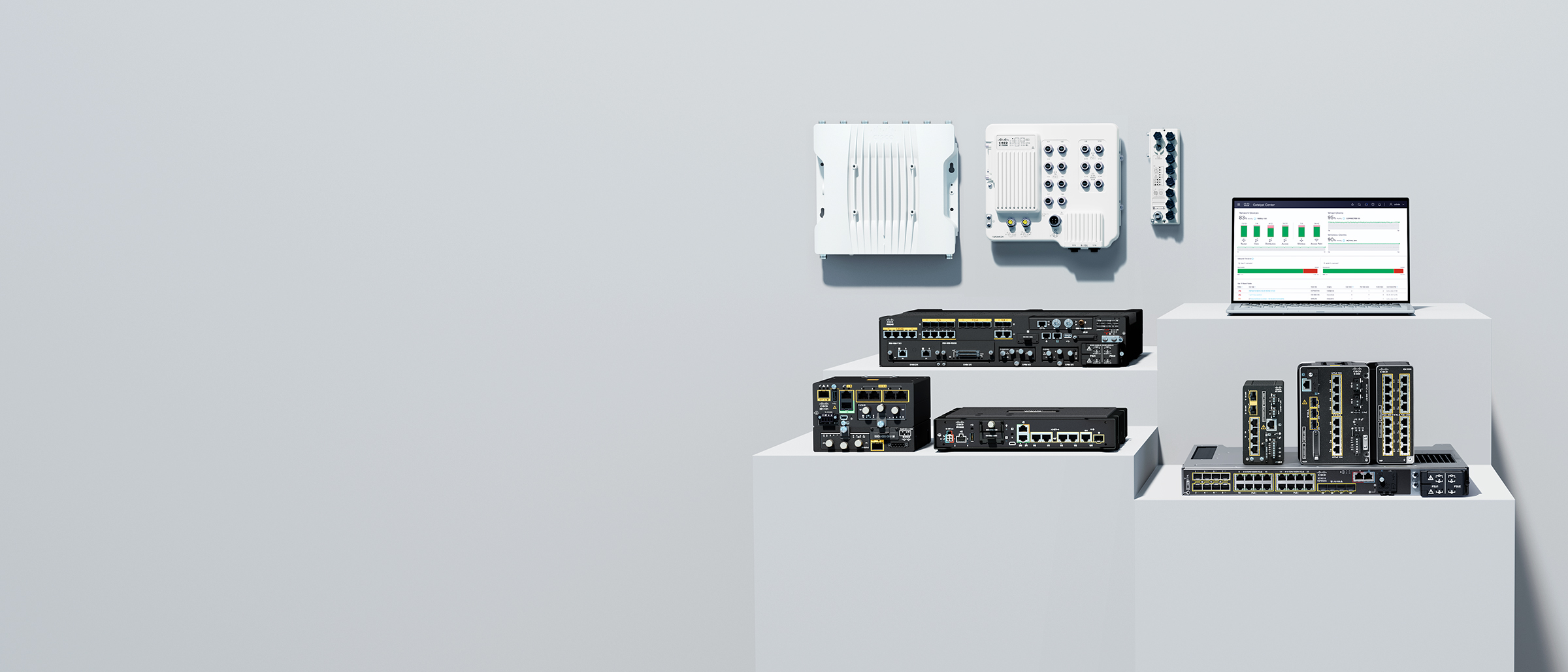 Cisco Industrial IoT routers, switches, access point, and a laptop displaying Cisco Catalyst Center