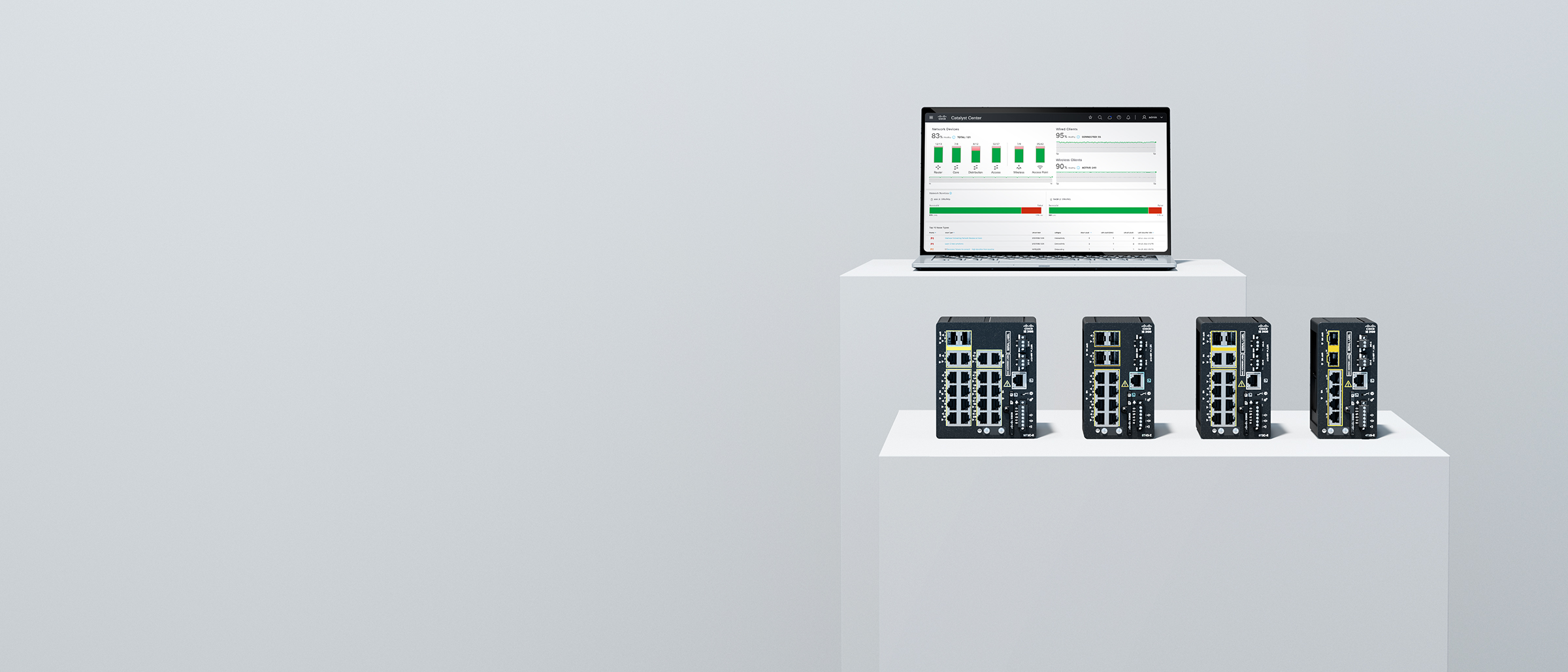 Cisco Catalyst IE3100 Rugged Series Switches and Cisco management interface displayed on a laptop screen