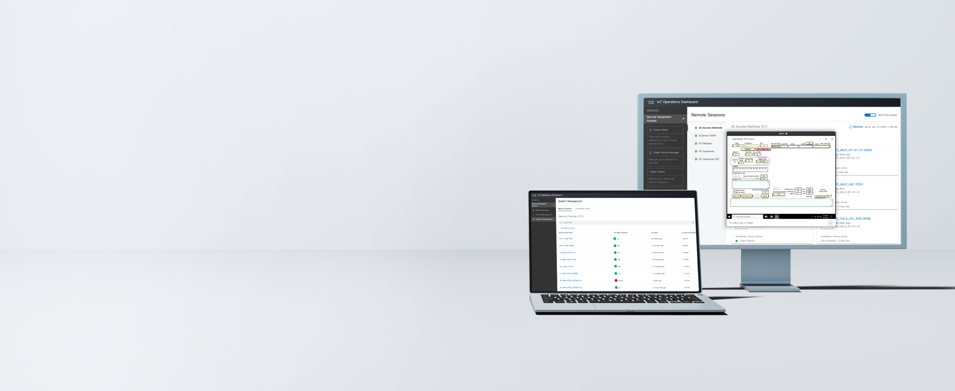 Cisco Secure Equipment Access interface displayed on laptop and desktop screens