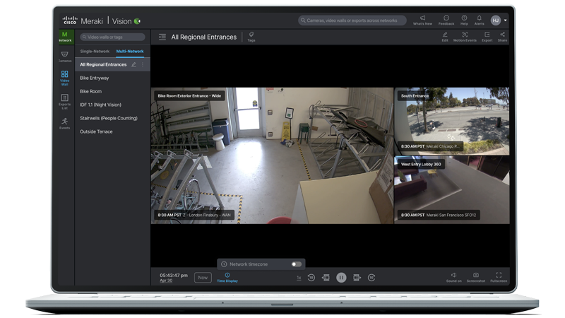 Dashboard view from Meraki Vision Portal displaying views from security cameras.