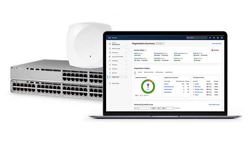 Cisco Catalyst 9000 access point and Cisco Catalyst 9000 switch with Cisco Meraki dashboard